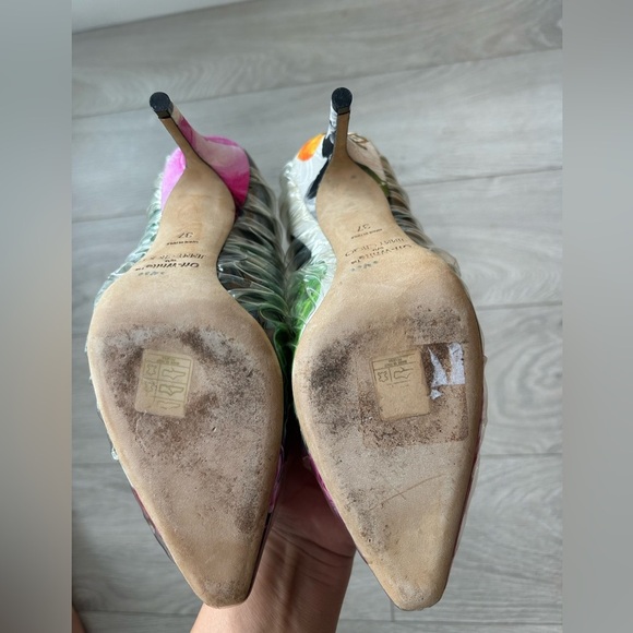 Off-White X Jimmy Choo Pink White Floral Satin Heels Plastic Overlay Size 37 - Picture 9 of 11